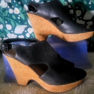 Franco Sarto womens black leather cork wedge sandals